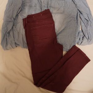 american eagle maroon skinny jeans